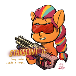 Size: 666x666 | Tagged: safe, artist:everydaydashie, sunny starscout, earth pony, pony, g5, female, goggles, gun, mane stripe sunny, mare, overwatch, simple background, smiling, soldier 76, solo, weapon, white background