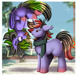 Size: 2407x2387 | Tagged: safe, artist:pridark, oc, oc only, oc:chaos twins, bat pony, pegasus, pony, unicorn, :p, bat wings, brother and sister, chaos magic, clothes, duo, female, horn, male, mare, offspring, parent:oc:mystery iris, parent:oc:sparkly breeze, parents:oc x oc, pegasus oc, scarf, siblings, stallion, tongue out, twins, unicorn oc, upside down, wings