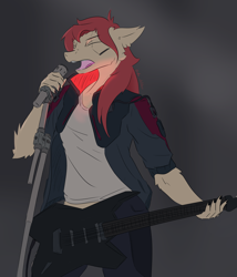 Size: 2480x2902 | Tagged: safe, artist:ollie sketchess, oc, oc only, oc:eve string, earth pony, anthro, cyberpunk, cyberpunk 2077, guitar, musical instrument, simple background, singing