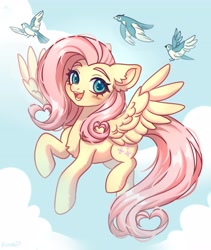 Size: 3459x4096 | Tagged: safe, artist:konejo, fluttershy, bird, pegasus, pony, g4, cloud, cute, female, flying, looking at you, shyabetes, simple background, sky, smiling, smiling at you, solo, spread wings, wings