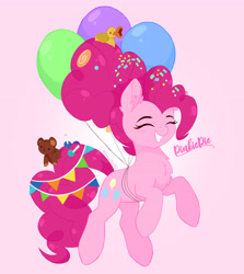 Size: 3384x3796 | Tagged: safe, artist:emyart18, pinkie pie, earth pony, pony, g4, the last problem, bags under eyes, balloon, candy, chest fluff, confetti, cute, eyes closed, female, food, grin, lollipop, mare, older, older pinkie pie, pink background, plushie, rubber duck, simple background, smiling, solo, teddy bear