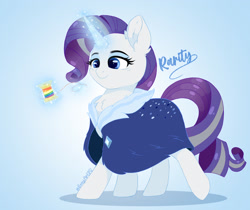 Size: 2628x2211 | Tagged: safe, artist:emyart18, part of a set, rarity, pony, unicorn, g4, bags under eyes, blue background, chest fluff, cloak, clothes, cute, female, gradient background, horn, magic, mare, older, older rarity, rainbow thread, smiling, solo, spool, telekinesis