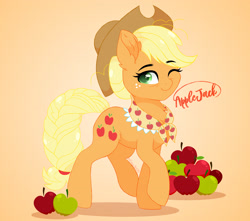 Size: 3258x2876 | Tagged: safe, artist:emyart18, part of a set, applejack, earth pony, pony, g4, apple, applejack's hat, braid, braided tail, clothes, cowboy hat, cute, ear fluff, female, food, gradient background, granny smith's shawl, hat, jackabetes, looking at you, mare, older, older applejack, one eye closed, orange background, scarf, shawl, smiling, smiling at you, solo, tail, wink, winking at you