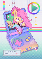 Size: 2480x3508 | Tagged: safe, artist:wavecipher, fluttershy, pegasus, pony, g4, abstract background, breaking the fourth wall, console, cute, female, game console, oh no, shyabetes, solo, sparkles