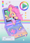 Size: 2480x3508 | Tagged: safe, artist:wavecipher, fluttershy, pegasus, pony, g4, abstract background, breaking the fourth wall, console, cute, female, game boy advance sp, game console, oh no, shyabetes, solo, sparkles