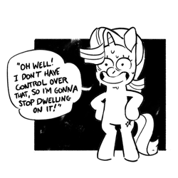 Size: 1793x1793 | Tagged: safe, artist:kyssimmee, starlight glimmer, pony, unicorn, g4, bipedal, black and white, blatant lies, dialogue, eyelashes, female, grayscale, hooves on hips, horn, lies, long mane, long tail, mare, monochrome, nervous, nervous smile, passepartout, quotation marks, shrunken pupils, simple background, smiling, solo, speech bubble, sweat, sweatdrop, sweating profusely, tail, talking, text, unicorn horn, wavy mane, wavy tail, white background, wide eyes