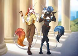 Size: 1600x1143 | Tagged: safe, artist:sunny way, oc, oc:kelesta, oc:kelin, horse, anthro, equis universe, absolute cleavage, alacorna, art, artwork, breasts, celestin, cleavage, clothes, coffee, digital art, donut, duo, female, fit, food, happy, horn, mare, muscles, outfit, siblings, sisters, slender, smiling, strong, tail, thin, transformers, unicron