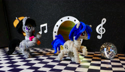 Size: 5143x2967 | Tagged: safe, alternate version, artist:malte279, part of a set, dj pon-3, octavia melody, vinyl scratch, pony, g4, cello, chase, chenille, chenille stems, chenille wire, craft, disco ball, duo, duo female, female, musical instrument, pipe cleaner sculpture, pipe cleaners