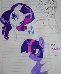 Size: 1440x1752 | Tagged: safe, artist:dulcesilly, rarity, twilight sparkle, alicorn, pony, unicorn, g4, bust, female, horn, lined paper, mare, marker drawing, smiling, traditional art, twilight sparkle (alicorn), unicorn twilight