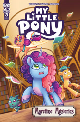 Size: 2063x3131 | Tagged: safe, artist:abigail starling, idw, hitch trailblazer, misty brightdawn, sparky sparkeroni, sunny starscout, alicorn, dragon, earth pony, pony, unicorn, g5, maretime mysteries #3, my little pony: maretime mysteries, official, spoiler:comic, spoiler:g5, spoiler:g5comic, baby, baby dragon, book, comic cover, cover, cover art, group, horn, library, male, race swap, rebirth misty, stallion, sunnycorn