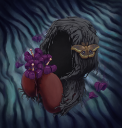 Size: 1900x2000 | Tagged: safe, artist:moewwur, artist:rin-mandarin, oc, oc only, oc:heartcaller, insect, moth, pony, blue background, corpse flowers, flower, holding hooves, hooded cape, looking at you, petals, rags, simple background, solo