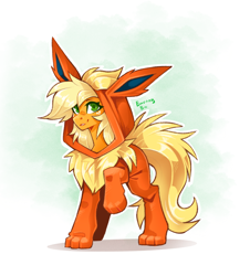 Size: 1836x2032 | Tagged: safe, artist:buvanybu, part of a set, applejack, earth pony, flareon, pony, g4, clothes, costume, female, looking at you, mare, pokémon, simple background, smiling, solo, white background