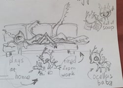 Size: 2048x1456 | Tagged: safe, artist:emptygoldstudio, ocellus, queen chrysalis, changeling, changeling queen, alternate universe, couch, cute, duo, duo female, female, food, long legs, lying down, mother and child, mother and daughter, on back, pencil drawing, sketch, smiling, soup, soup can, traditional art