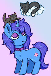 Size: 2122x3152 | Tagged: safe, artist:coco-drillo, oc, oc only, oc:delly, cat, unicorn, chest fluff, cloud, collar, cute, ear fluff, horn, looking up, simple background, smiling, solo focus