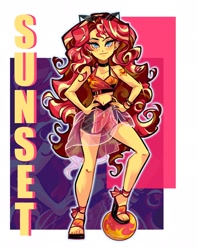Size: 1622x2048 | Tagged: safe, artist:libbly_libby, sunset shimmer, human, equestria girls, g4, 2d, clothes, collar, commission, eyebrow piercing, female, hand on hip, high heels, legs, looking at you, piercing, shoes, shorts, smiling, smiling at you, solo, sunglasses, toes, wrist cuffs, wristband