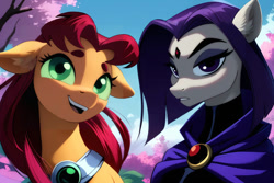 Size: 1095x730 | Tagged: safe, ai content, artist:cunningstuntda, pony, cherry blossoms, crossover, dc comics, flower, flower blossom, open mouth, ponified, raven (dc comics), starfire, teen titans