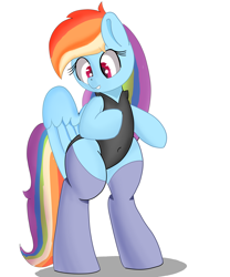 Size: 2500x3000 | Tagged: safe, artist:psychotix, rainbow dash, pegasus, pony, g4, belly button, bipedal, clothes, cute, dashabetes, female, happy, human shoulders, latex, latex suit, mare, paint tool sai, partially open wings, simple background, simple shading, smiling, socks, solo, thigh highs, thighs, white background, wings