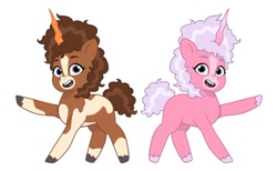 Size: 640x395 | Tagged: safe, artist:jazzhooves, earth pony, pony, unicorn, g5, my little pony: tell your tale, spoiler:g5, spoiler:my little pony: tell your tale, blaze (coat marking), carrot, carrot horn, coat markings, duo, duo female, facial markings, fake horn, female, food, horn, open mouth, open smile, pinto, raised hoof, self paradox, self ponidox, simple background, smiling, style emulation, thelma (thelma the unicorn), thelma the unicorn, white background