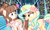 Size: 2037x1220 | Tagged: safe, artist:cstrawberrymilk, princess cadance, oc, oc:petunia mist, oc:strawberry milk, pegasus, pony, unicorn, g4, bookshelf, crystal empire, female, flower, flower in hair, horn, library, mare, screencap background, trio, trio female