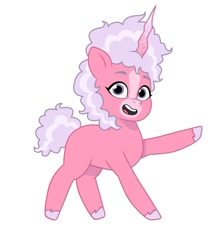 Size: 640x725 | Tagged: safe, artist:jazzhooves, pony, unicorn, g5, my little pony: tell your tale, blaze (coat marking), coat markings, facial markings, female, horn, open mouth, open smile, raised hoof, simple background, smiling, solo, style emulation, thelma (thelma the unicorn), thelma the unicorn, white background