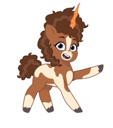 Size: 640x725 | Tagged: safe, artist:jazzhooves, earth pony, pony, g5, my little pony: tell your tale, blaze (coat marking), carrot, carrot horn, coat markings, facial markings, fake horn, female, food, open mouth, open smile, pinto, raised hoof, simple background, smiling, solo, style emulation, thelma (thelma the unicorn), thelma the unicorn, white background