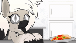 Size: 1024x576 | Tagged: safe, artist:vilord, oc, oc only, oc:devilvoice, bat pony, pony, animated, commission, eating, food, gif, looking at you, pizza, smiling, solo