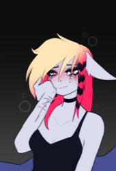 Size: 2680x3945 | Tagged: safe, artist:b(r)at, oc, oc only, oc:batty bliss, bat pony, pony, anthro, blushing, breasts, choker, crying, drunk, drunk bubbles, floppy ears, gradient background, gradient mane, gray background, makeup, scar, self harm, self harm scars, simple background, small breasts, spread wings, striped mane, teary eyes, wings