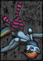 Size: 680x950 | Tagged: safe, artist:expectationemesis, rainbow dash, pegasus, semi-anthro, g4, belly, clothes, cuffs, female, hoof heart, long legs, looking at you, mare, round belly, socks, solo, striped socks, thigh highs