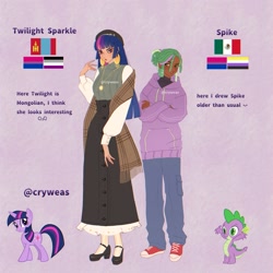 Size: 2048x2048 | Tagged: safe, artist:cryweas, spike, twilight sparkle, dragon, human, pony, unicorn, g4, alternate hairstyle, asexual, asexual pride flag, bisexual pride flag, clothes, coat, converse, dark skin, dreadlocks, ear piercing, earring, gritted teeth, hat, headcanon, high heels, hoodie, humanized, jewelry, mexican, mexican flag, mongolia, mongolian, necklace, nonbinary, nonbinary pride flag, piercing, pride, pride flag, purple background, ring, shirt, shoes, simple background, socks, stockings, striped socks, sweater vest, teeth, thigh highs, unicorn twilight