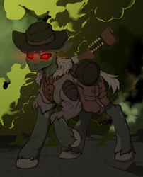 Size: 4930x6104 | Tagged: safe, artist:tatykin, oc, oc:sticks, earth pony, ghoul, undead, fallout equestria, dark background, fallout, glowing, glowing eyes, green coat, gun, hat, hunter, looking at you, male, menacing, radiation, raised hoof, rifle, standing, threatening, wasteland, weapon