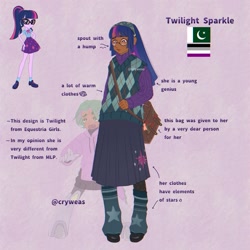 Size: 2048x2048 | Tagged: safe, artist:cryweas, sci-twi, spike, twilight sparkle, cyborg, human, equestria girls, g4, alternate hairstyle, asexual, asexual pride flag, bag, boots, clothes, dark skin, duo, eyeshadow, glasses, headcanon, hoodie, humanized, islam, leg warmers, leggings, makeup, nonbinary, open mouth, pakistan, pride, pride flag, purple background, reference sheet, shoes, shorts, simple background, skirt, socks, sweater, sweater vest