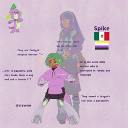 Size: 2048x2048 | Tagged: safe, artist:cryweas, sci-twi, spike, spike the regular dog, twilight sparkle, cyborg, human, equestria girls, g4, alternate hairstyle, asexual, asexual pride flag, bag, boots, clothes, collar, dark skin, duo, eyeshadow, glasses, headcanon, hoodie, humanized, islam, leg warmers, leggings, makeup, mexican, mexican flag, nonbinary, open mouth, pakistan, pride, pride flag, purple background, reference sheet, shoes, shorts, simple background, skirt, socks, sweater, sweater vest, sweatshirt
