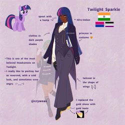 Size: 2048x2048 | Tagged: safe, artist:cryweas, spike, twilight sparkle, alicorn, human, pony, g4, african, alternate hairstyle, asexual, asexual pride flag, bisexual pride flag, boots, clothes, coat, dark skin, duo, eyeshadow, female, gloves, headcanon, high heel boots, hoof shoes, humanized, india, indian, makeup, mare, nonbinary, open mouth, pants, pride, pride flag, purple background, reference sheet, shirt, shoes, shorts, simple background, skirt, socks, suit, twilight sparkle (alicorn), vest