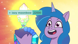 Size: 1887x1068 | Tagged: safe, edit, edited screencap, screencap, izzy moonbow, pony, unicorn, crystal ball (episode), g5, my little pony: tell your tale, spoiler:g5, spoiler:my little pony: tell your tale, spoiler:tyts01e68, cute, derpimilestone, female, horn, izzybetes, mare, open mouth, open smile, smiling, solo, ta-da!