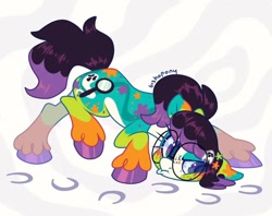 Size: 828x657 | Tagged: safe, artist:bishopony, oc, oc only, oc:mystery clue, earth pony, pony, :t, abstract background, big glasses, blaze (coat marking), coat markings, colored, colored belly, colored eartips, colored hooves, commission, crouching, eyelashes, facial markings, female, freckles, glasses, hairclip, hoofprints, investigation, leaning forward, mare, mealy mouth (coat marking), multicolored coat, narrowed eyes, pale belly, ponytail, purple eyes, purple hooves, round glasses, scrunchy face, shiny hooves, shiny mane, shiny tail, signature, socks (coat markings), solo, starry eyes, tail, tied mane, two toned mane, two toned tail, unshorn fetlocks, walking, wingding eyes