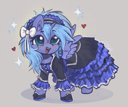 Size: 1935x1616 | Tagged: safe, artist:krista-21, princess luna, alicorn, pony, g4, alternate hairstyle, blushing, bow, clothes, commission, commissioner:shaddar, cute, dress, female, filly, filly luna, floating heart, foal, hair bow, heart, open mouth, open smile, s1 luna, smiling, solo, sparkles, victorian, woona, younger