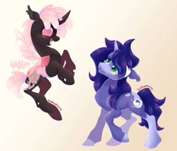 Size: 828x707 | Tagged: oc name needed, safe, artist:bishopony, oc, oc only, changeling, pony, unicorn, bald face, big eyes, black coat, blaze (coat marking), blush scribble, blushing, carapace, changeling eyes, changeling horn, changeling oc, changeling wings, coat markings, colored, colored eartips, colored horn, colored pinnae, commission, curly mane, curly tail, duo, ear tufts, facial hair, facial markings, fangs, flapping wings, floppy ears, flying, gradient background, green eyes, horn, lidded eyes, long mane, long tail, looking at someone, motion lines, open mouth, open smile, pink changeling, pink eyes, purple coat, purple mane, purple tail, raised hoof, raised hooves, rearing, shiny eyes, shiny mane, shiny tail, short mane, short tail, signature, smiling, smiling at someone, socks (coat markings), standing, tail, unicorn horn, unicorn oc, wavy mane, wavy tail, wingding eyes, wings