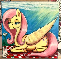 Size: 1963x1922 | Tagged: safe, artist:br333, fluttershy, pony, rabbit, g4, acrylic painting, animal, auction, painting, picnic, traditional art