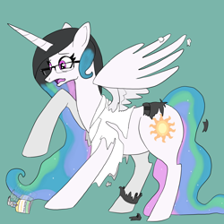 Size: 1920x1920 | Tagged: safe, artist:wereskunk, princess celestia, alicorn, human, pony, clothes, ethereal mane, glasses, green background, hair growth, human to pony, male to female, mid-transformation, open mouth, pants, raised hoof, ripped, ripped pants, ripped shirt, shampoo, shirt, simple background, solo, torn clothes, transformation, transgender transformation, worried