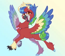 Size: 827x715 | Tagged: safe, artist:bishopony, oc, oc only, oc:ruby (ruby.hippogriff), bird, hippogriff, parrot, blue hooves, claws, colored, colored hooves, colored wings, commission, eyelashes, flying, hippogriff oc, jewelry, leg fluff, multicolored hair, multicolored tail, multicolored wings, necklace, non-pony oc, open mouth, open smile, red feathers, shiny eyes, shiny hair, shiny hooves, shiny tail, short hair, short tail, signature, smiling, solo, spread wings, tail, wing fluff, wingding eyes, wings, yellow eyes