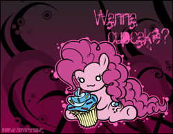 Size: 553x426 | Tagged: safe, artist:expectationemesis, pinkie pie, earth pony, pony, g4, chibi, cupcake, female, food, mare, signature, solo