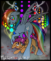 Size: 1050x1250 | Tagged: safe, artist:expectationemesis, rainbow dash, scootaloo, pegasus, pony, fanfic:rainbow factory, blood, blood splatter, duo, fanfic art, female, filly, foal, mare, signature