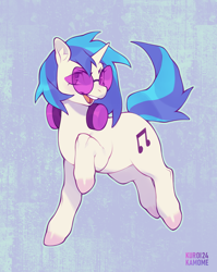 Size: 2060x2592 | Tagged: safe, artist:kuroikamome, dj pon-3, vinyl scratch, pony, unicorn, g4, abstract background, colored hooves, colored pinnae, ear fluff, female, glasses, headphones, high res, horn, jumping, looking at you, mare, open mouth, open smile, outline, raised hoof, shiny hooves, signature, smiling, smiling at you, solo, tail, turned head, two toned hair, vinyl's glasses