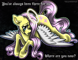 Size: 1544x1177 | Tagged: safe, artist:expectationemesis, fluttershy, angel, pegasus, pony, g4, angelic wings, black background, crying, female, floppy ears, halo, hoof heart, looking at you, mare, pink hair, sad, shiny, signature, simple background, solo, teal eyes, text, white wings, wings, yellow coat
