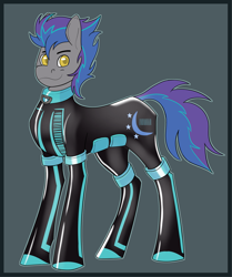 Size: 1637x1954 | Tagged: safe, anonymous artist, derpibooru exclusive, oc, unnamed oc, earth pony, pony, anon's prisoners of the moon, fireheart76's latex suit design, latex, latex suit, rubber, rubber suit, simple background, style emulation