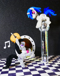 Size: 2850x3596 | Tagged: safe, alternate version, artist:malte279, part of a set, dj pon-3, octavia melody, vinyl scratch, g4, cello, chase, chenille, chenille stems, chenille wire, craft, disco ball, duo, duo female, female, musical instrument, pipe cleaner sculpture, pipe cleaners