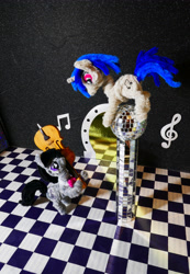 Size: 3468x5005 | Tagged: safe, alternate version, artist:malte279, part of a set, dj pon-3, octavia melody, vinyl scratch, g4, cello, chase, chenille, chenille stems, chenille wire, craft, disco ball, duo, duo female, female, musical instrument, pipe cleaner sculpture, pipe cleaners