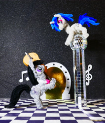Size: 3118x3662 | Tagged: safe, alternate version, artist:malte279, part of a set, dj pon-3, octavia melody, vinyl scratch, pony, g4, cello, chase, chenille, chenille stems, chenille wire, craft, disco ball, duo, duo female, female, musical instrument, pipe cleaner sculpture, pipe cleaners