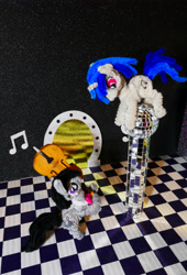Size: 3386x4980 | Tagged: safe, alternate version, artist:malte279, part of a set, dj pon-3, octavia melody, vinyl scratch, g4, cello, chase, chenille, chenille stems, chenille wire, craft, disco ball, duo, duo female, female, musical instrument, pipe cleaner sculpture, pipe cleaners