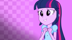 Size: 3840x2160 | Tagged: safe, artist:octosquish7260, twilight sparkle, human, equestria girls, g4, my little pony equestria girls: choose your own ending, 4k, arms, blouse, bowtie, checkered background, clothes, excited, female, fingers, fist, gradient background, hand, happy, high res, long hair, open mouth, puffy sleeves, smiling, solo, standing, teenager, teeth, wallpaper